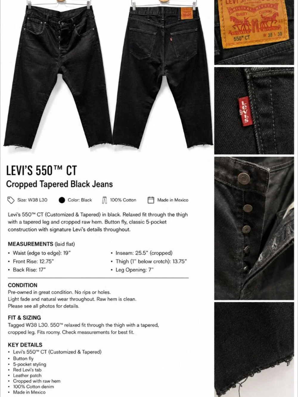 Levi’s 501 CT Black Cropped Jeans W38 L30 Raw Hem Button Fly